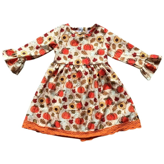 Toddler Girls Ruffle Lace Sleeve Pumpkin Halloween Party Fall Flower Girl Dress Orange 2T XS (P400538P)