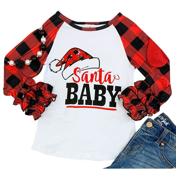 Toddler Girls Ruffle Sleeve Santa Baby Plaid Christmas T-Shirt Top Tee Kids White Red 2T XS (P202080P)