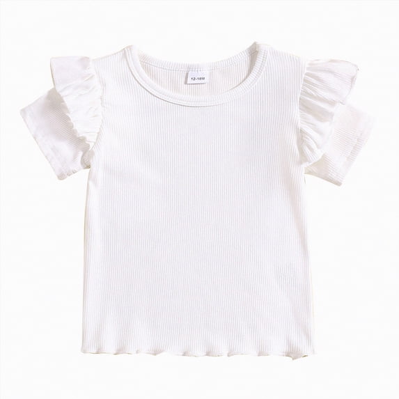 Toddler Girls Ruffle Sleeve solid color T Shirts Summer Short Sleeve 0-24 Months 2t 3t 4t 5t 6t 7t Casual Cute Crewneck Tops Tees Gibobby,12-18 Months,White