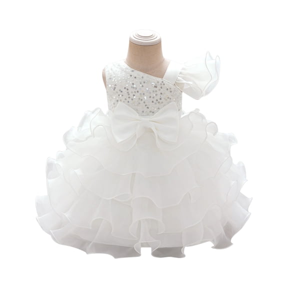 Toddler Girls Ruffled One Shoulder Party Dress with Bowknot Elegant Layered Tulle Pageant Gown