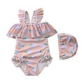 thumbnail image 1 of Toddler Girls Ruffled Swimsuits One-Piece Cartoon Bathing Suits Summer Dot Beach Swimwear Princess Beachwear with Swim Cap,1-7T, 1 of 4