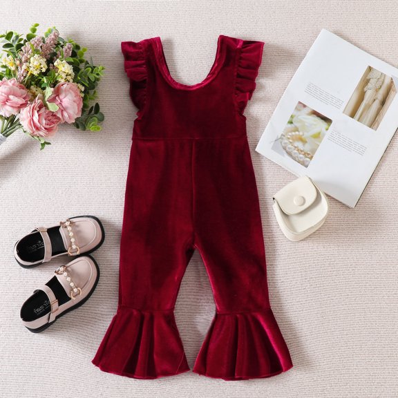Toddler Girls Ruffles Fly Sleeve Solid Romper Bell Bottoms Flare Jumpsuit
