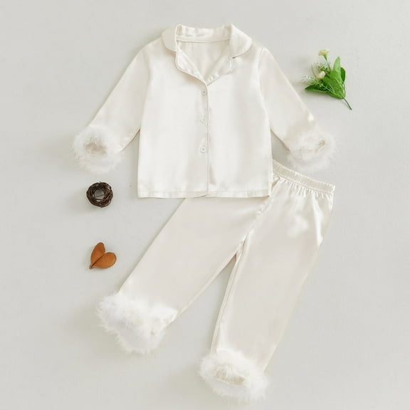 Toddler Girls Satin Pajamas Set Feather Trim Button-Up Pajamas Sleeper Silk Shirt Pajamas Pants Toddler Long Pajamas Nightgown Christmas Pajamas for Toddler Girls 4Y