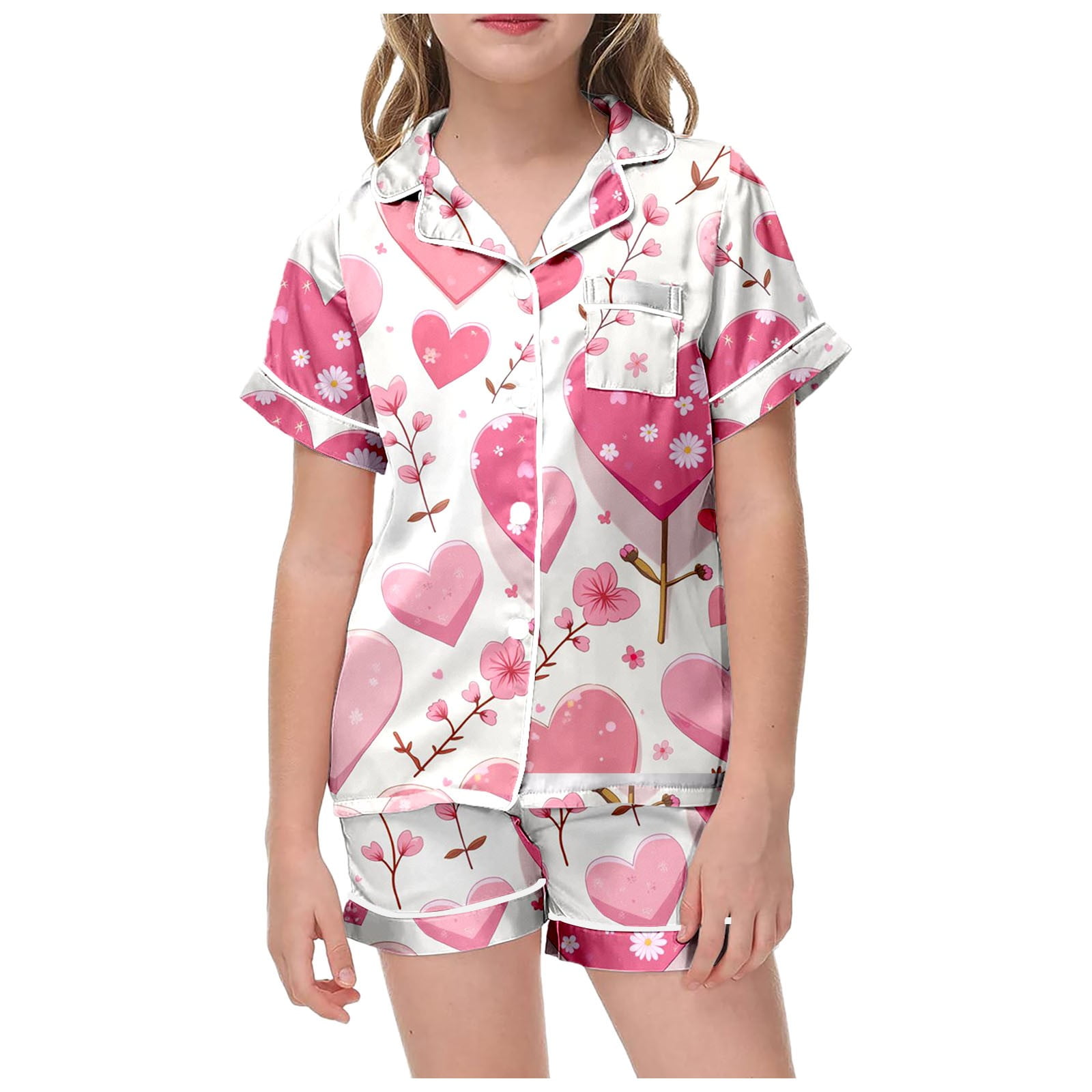 Toddler Girls Satin Pajamas Set Heart Printed Button Down Sleep Shirt 