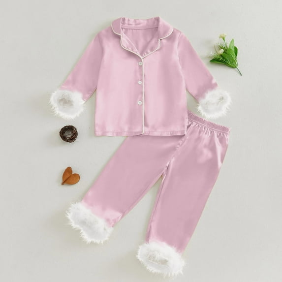 Toddler Girls Satin Pajamas Set Long Sleeve Button Down Tops Feather Trim Pant Pjs Sleepwear Outfits Girls Fashion Pajamas Set for Toddler 2-3 Years