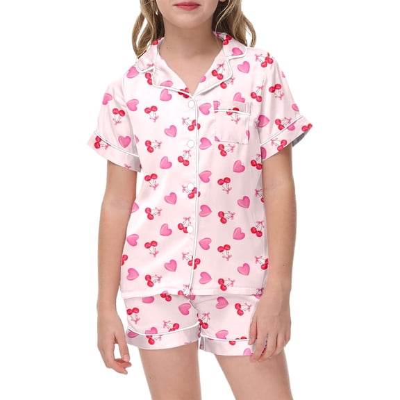 Toddler Girls Satin Pajamas Valentines Pajamas Kids Short Sleeve Heart Button Down Sleepwear Boys Pajama Set 2-3 Years