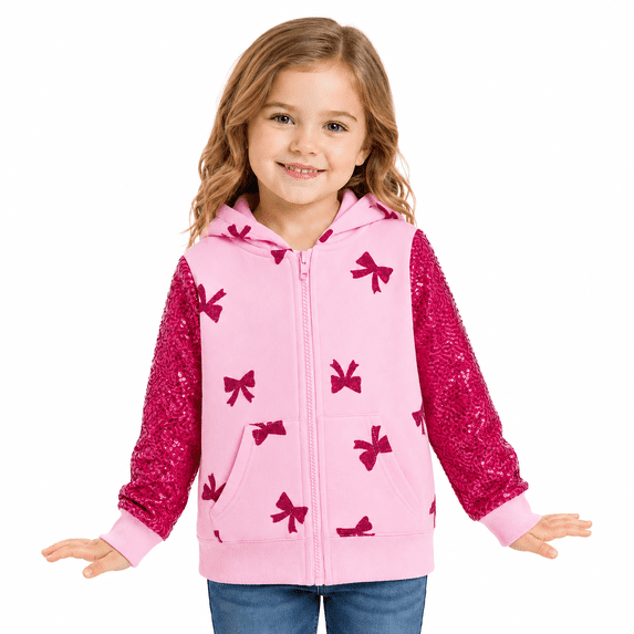Toddler Girls Sequin Zip Up Hoodie Long Sleeves Sweatshirt with Bow Print Fall Winter Pink, 3T
