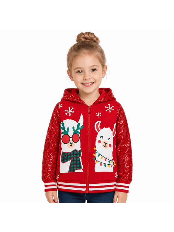 Toddler Girls Sequin Zip Up Hoodie Sweatshirt with Long Sleeves Christmas Fall Winter Holiday Red, 3T