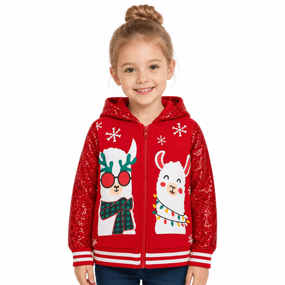 Toddler Girls Sequin Zip Up Hoodie Sweatshirt with Long Sleeves Christmas Fall Winter Holiday Red, 4T