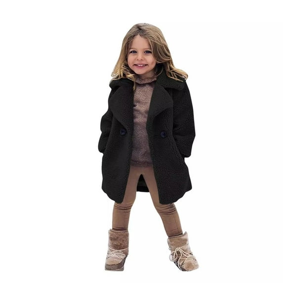 Toddler Girls Sherpa Fleece Trench Coat Winter Double Breasted Mid Long Outwear Pea Coat Jacket with Pocket 18M-6T