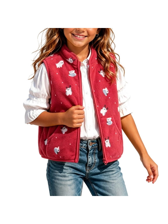 Toddler Girls Sherpa Fleece Vest Zip-Up Cartoon Print Sleeveless Plush Cute Jacket Vests with Pocket Red, Size 3 Y