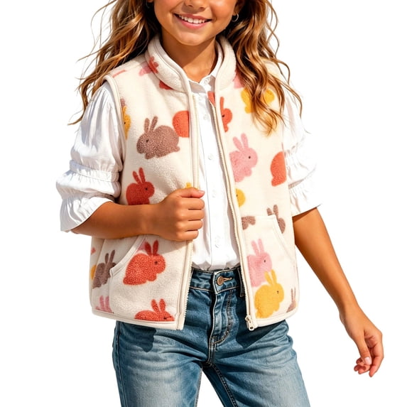 Toddler Girls Sherpa Fleece Vest Zip-Up Cartoon Print Sleeveless Plush Cute Jacket Vests with Pocket White, Size 5 Y