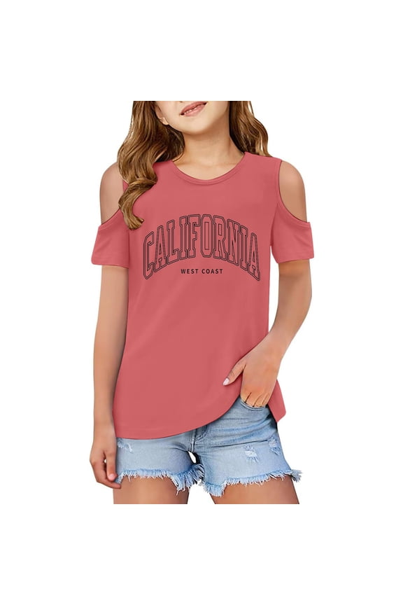 Toddler Girls T Shirts Kids Letter Printed Short Sleeve Shirts Cut-Out Design Crewneck Girls Blouse Outfits for Girls 3-4 Years