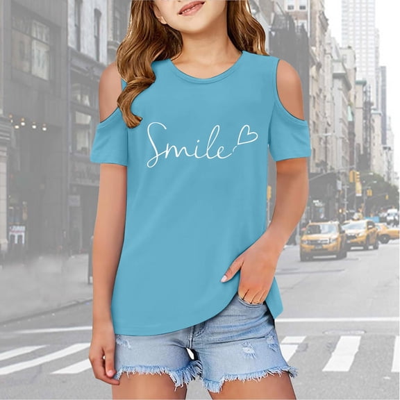 Toddler Girls Shirts Letter Print Short Sleeve Shirts Cut-Out Design Casual Crewneck Basic Tees Girls Tops Size 3-4 Years