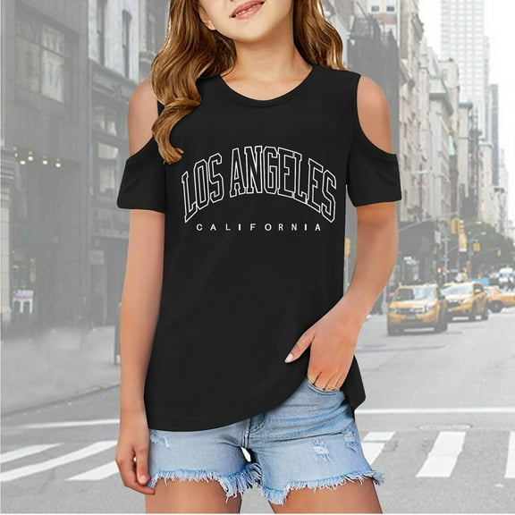 Toddler Girls Shirts Letter Print Short Sleeve Shirts Shoulder Cut-Out Summer Tops Crewneck Tees Kids Clothes Girls Size 3-4 Years