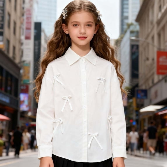 Toddler Girls' Shirts Long Sleeve Top Bow Tie Blouse Top with Frill Detail Tee Top Size 3-4T ,White