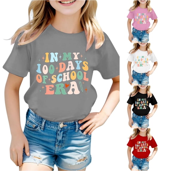 Toddler Girls' Shirts Short Sleeve Top for Back To School Casual Top with Print Round Neck Shirt Size 3-4T , Gray