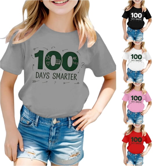 Toddler Girls' Shirts Short Sleeve Top for Back To School Cute Print Round Neck Casual Top Size 3-4T , Gray
