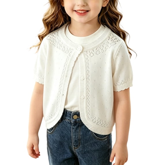 Toddler Girls Short Sleeve Bolero Cardigan Sweaters Kids Knit Button Open Front Lettuce Trim Shrug Cropped Cute Sweater Tops