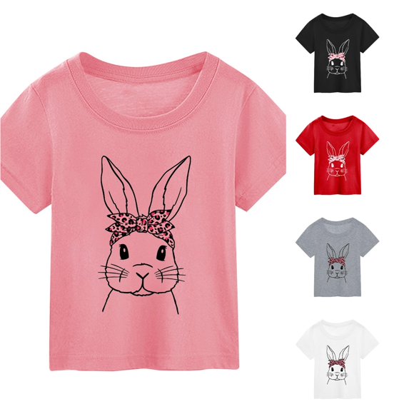 Toddler Girls' Short Sleeve Crew Neck Tee T-Shirt Children's Easter Cartoon Bunny Print T Shirt Top Size 3-4T ,Pink