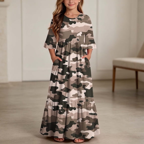 Toddler Girls Short Sleeve Dress Camouflage Print Summer A-Line Cute Maxi Casual Sundress Camouflage 4-5 Years