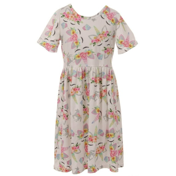 Toddler Girls Short Sleeve Floral Unicorn Birthday Party Flower Girl Dress Off White 2T XS (R385)