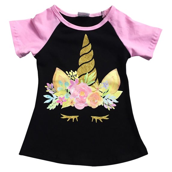 Toddler Girls Short Sleeve Glitter Unicorn Floral Summer Raglan Top T-Shirt Tee Black 2T XS (P201508P)