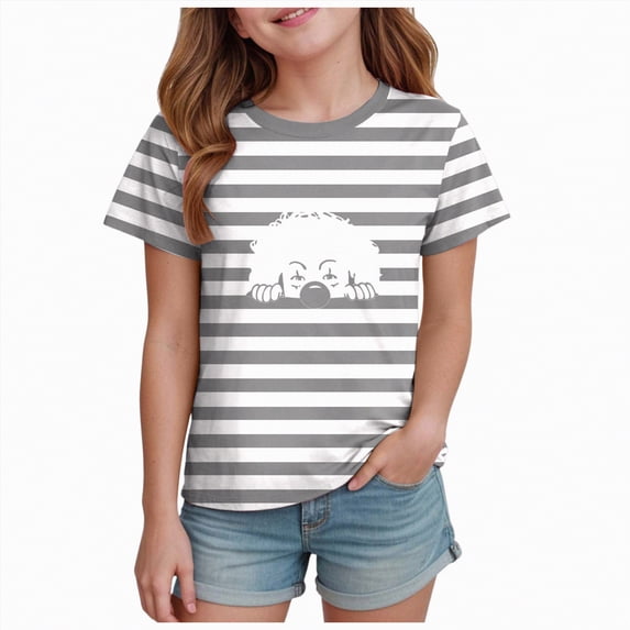 Toddler Girls Short Sleeve Grid/StripeT Shirts Kids Summer 0-24 Months girls daily wear clothing 2t 3t 4t 5t 6t 7t Oversized Tops Trendy Crewneck Basic Tees Gibobby,8-9 Years,Grey