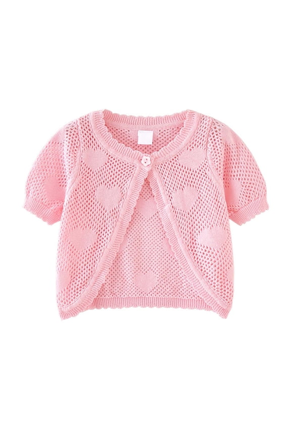 Toddler Girls Short Sleeve Knit Cardigan, Heart Pattern Sweater Shrug