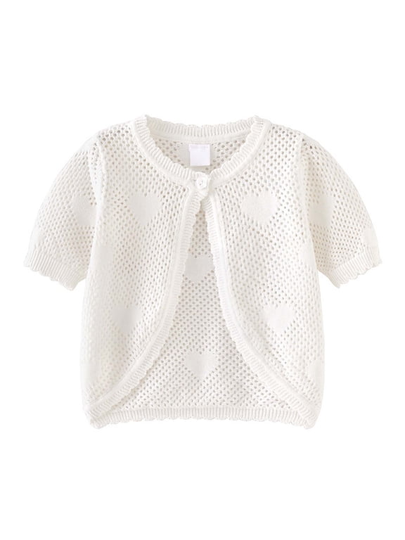 Toddler Girls Short Sleeve Knit Cardigan, Heart Pattern Sweater Shrug