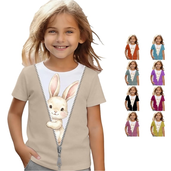 Toddler Girls Short Sleeve Shirts Bunny Graphic Casual Top Cute Print Tee Shirt Size 4-5T , Beige
