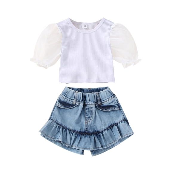 Toddler Girls Short Sleeve Suit Ribbed T Shirt Tops and Denim Shorts Set Girls Summer Clothes Outfit 1 to 4 Years