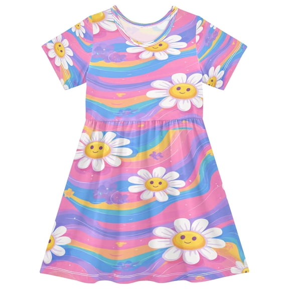 Toddler Girls Short Sleeve Summer Dress, Cute Casual Print Dress for Girls 2-8 Years, Soft Breathable Comfortable Daily Beach Party Dress Adorable Daisies