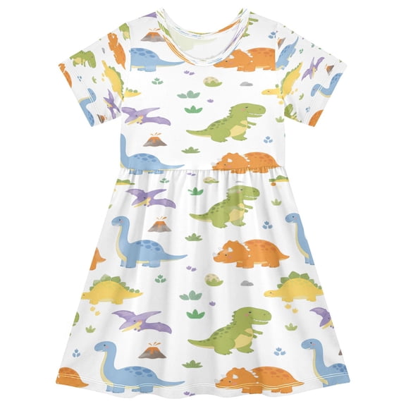 Toddler Girls Short Sleeve Summer Dress, Cute Casual Print Dress for Girls 2-8 Years, Soft Breathable Comfortable Daily Beach Party Dress Adorable Dinosaur Nursery