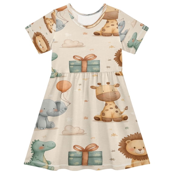 Toddler Girls Short Sleeve Summer Dress, Cute Casual Print Dress for Girls 2-8 Years, Soft Breathable Comfortable Daily Beach Party Dress Baby Jungle Celebration
