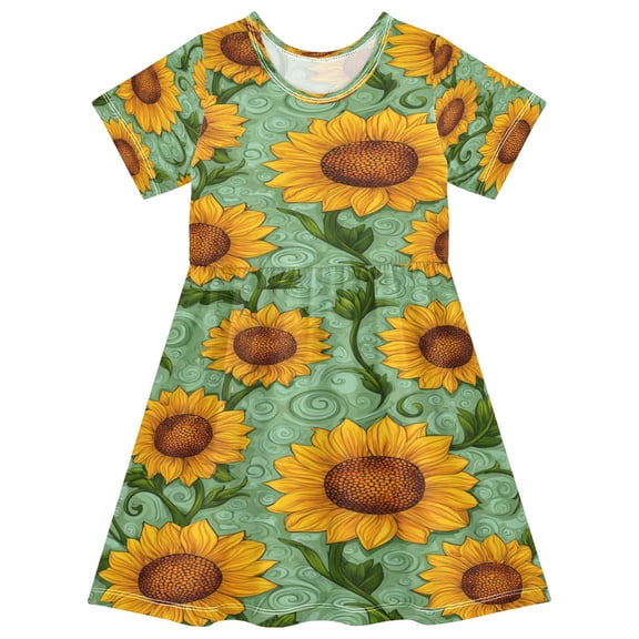 Toddler Girls Short Sleeve Summer Dress, Cute Casual Print Dress for Girls 2-8 Years, Soft Breathable Comfortable Daily Beach Party Dress Beautiful Hand-painted Sunflowers