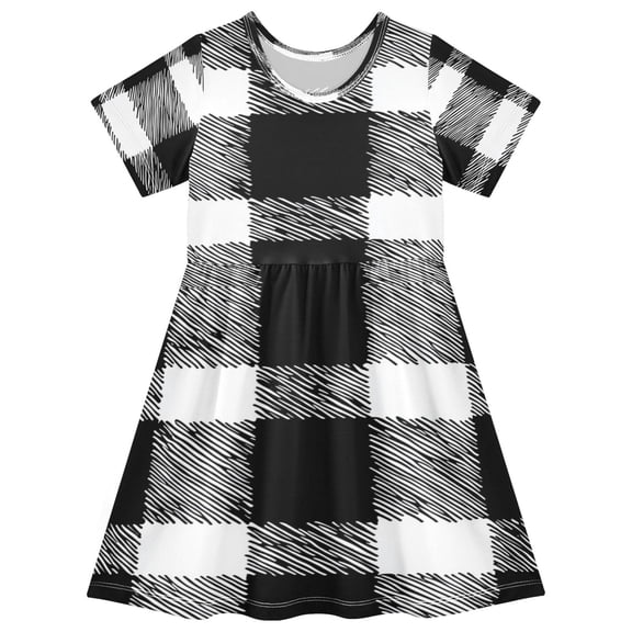 Toddler Girls Short Sleeve Summer Dress, Cute Casual Print Dress for Girls 2-8 Years, Soft Breathable Comfortable Daily Beach Party Dress Black White Plaid