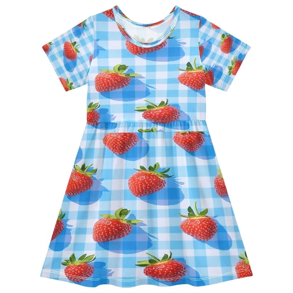 Toddler Girls Short Sleeve Summer Dress, Cute Casual Print Dress for Girls 2-8 Years, Soft Breathable Comfortable Daily Beach Party Dress Blue Background with Strawberries