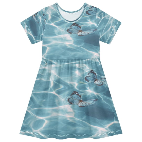 Toddler Girls Short Sleeve Summer Dress, Cute Casual Print Dress for Girls 2-8 Years, Soft Breathable Comfortable Daily Beach Party Dress Blue Butterflies Upon The Water