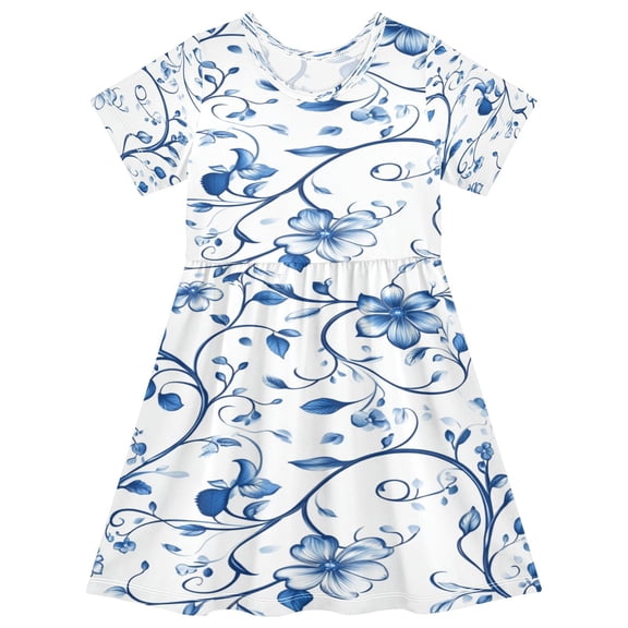 Toddler Girls Short Sleeve Summer Dress, Cute Casual Print Dress for Girls 2-8 Years, Soft Breathable Comfortable Daily Beach Party Dress Blue Floral Designs