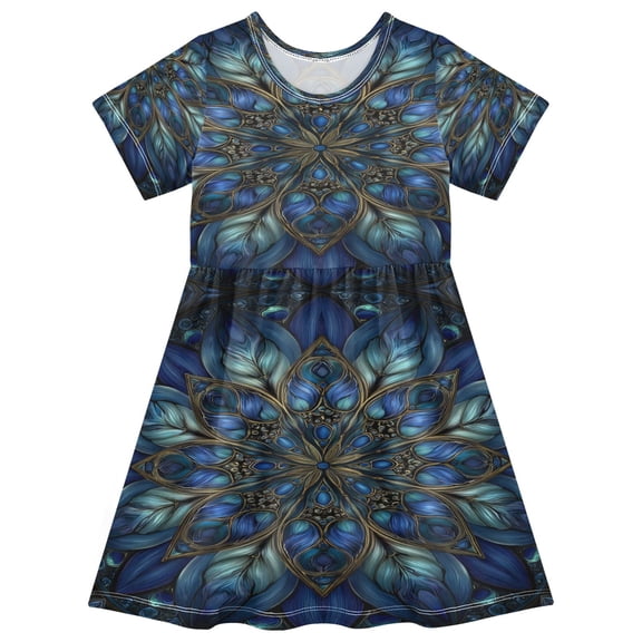 Toddler Girls Short Sleeve Summer Dress, Cute Casual Print Dress for Girls 2-8 Years, Soft Breathable Comfortable Daily Beach Party Dress Blue Glass Flower Petals