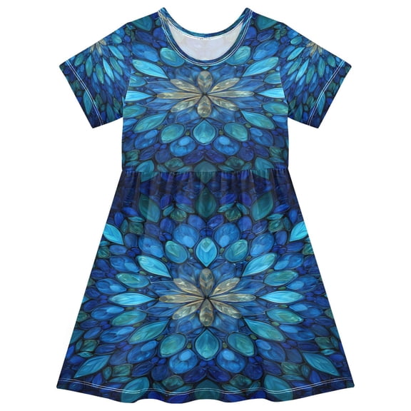 Toddler Girls Short Sleeve Summer Dress, Cute Casual Print Dress for Girls 2-8 Years, Soft Breathable Comfortable Daily Beach Party Dress Blue Glass Leaves Pattern
