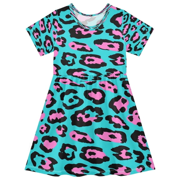Toddler Girls Short Sleeve Summer Dress, Cute Casual Print Dress for Girls 2-8 Years, Soft Breathable Comfortable Daily Beach Party Dress Blue Pink Leopard