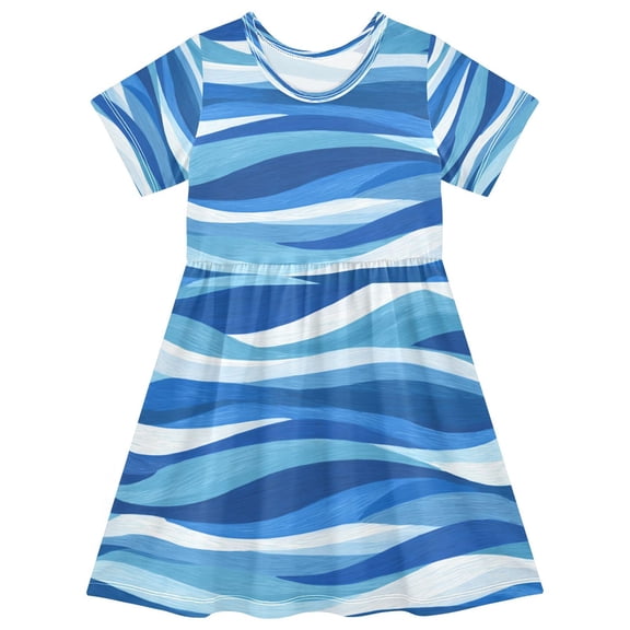 Toddler Girls Short Sleeve Summer Dress, Cute Casual Print Dress for Girls 2-8 Years, Soft Breathable Comfortable Daily Beach Party Dress Blue and White Wavy Lines
