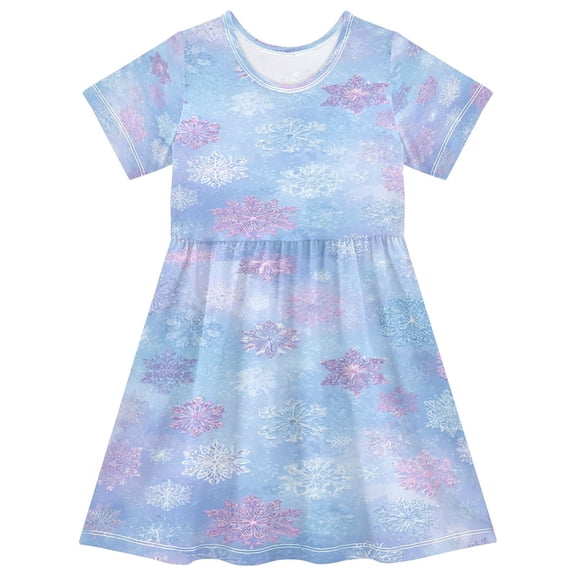 Toddler Girls Short Sleeve Summer Dress, Cute Casual Print Dress for Girls 2-8 Years, Soft Breathable Comfortable Daily Beach Party Dress Blue-pink Snowflakes Pattern