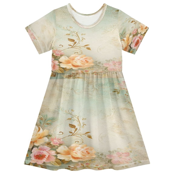 Toddler Girls Short Sleeve Summer Dress, Cute Casual Print Dress for Girls 2-8 Years, Soft Breathable Comfortable Daily Beach Party Dress Blush Rose Antiquity