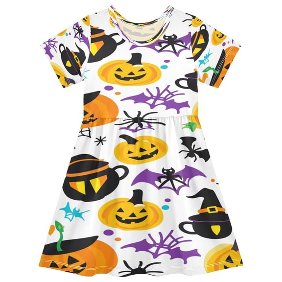 Toddler Girls Short Sleeve Summer Dress, Cute Casual Print Dress for Girls 2-8 Years, Soft Breathable Comfortable Daily Beach Party Dress Cartoon Halloween
