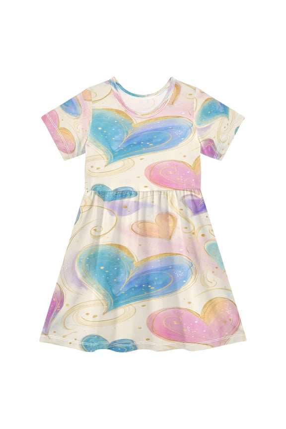 Toddler Girls Short Sleeve Summer Dress, Cute Casual Print Dress for Girls 2-8 Years, Soft Breathable Comfortable Daily Beach Party Dress Celestial Heart Tapestry