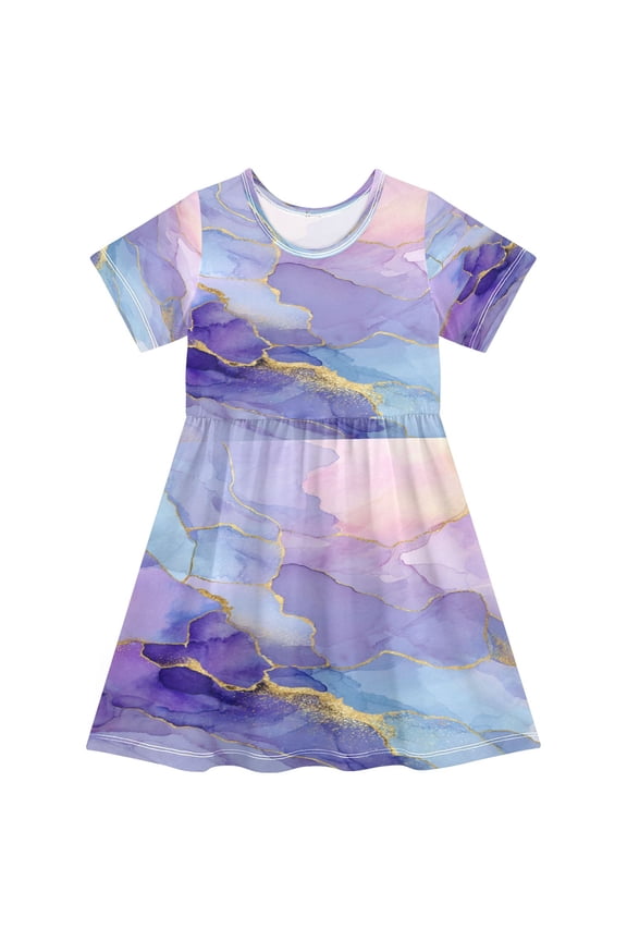Toddler Girls Short Sleeve Summer Dress, Cute Casual Print Dress for Girls 2-8 Years, Soft Breathable Comfortable Daily Beach Party Dress Celestial Lavender Gold