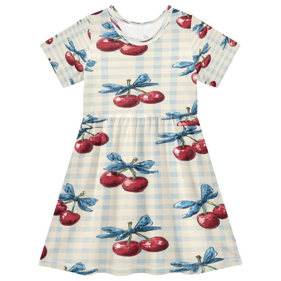 Toddler Girls Short Sleeve Summer Dress, Cute Casual Print Dress for Girls 2-8 Years, Soft Breathable Comfortable Daily Beach Party Dress Cherries and Bows